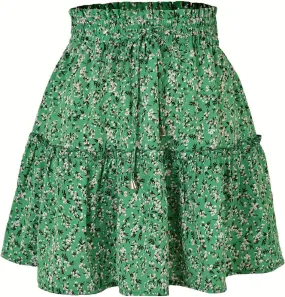 Womens Fashion Elastic Waist Flared Short Skirt Floral Print Pleated High Waist Mini Skater Skirt with Drawstring