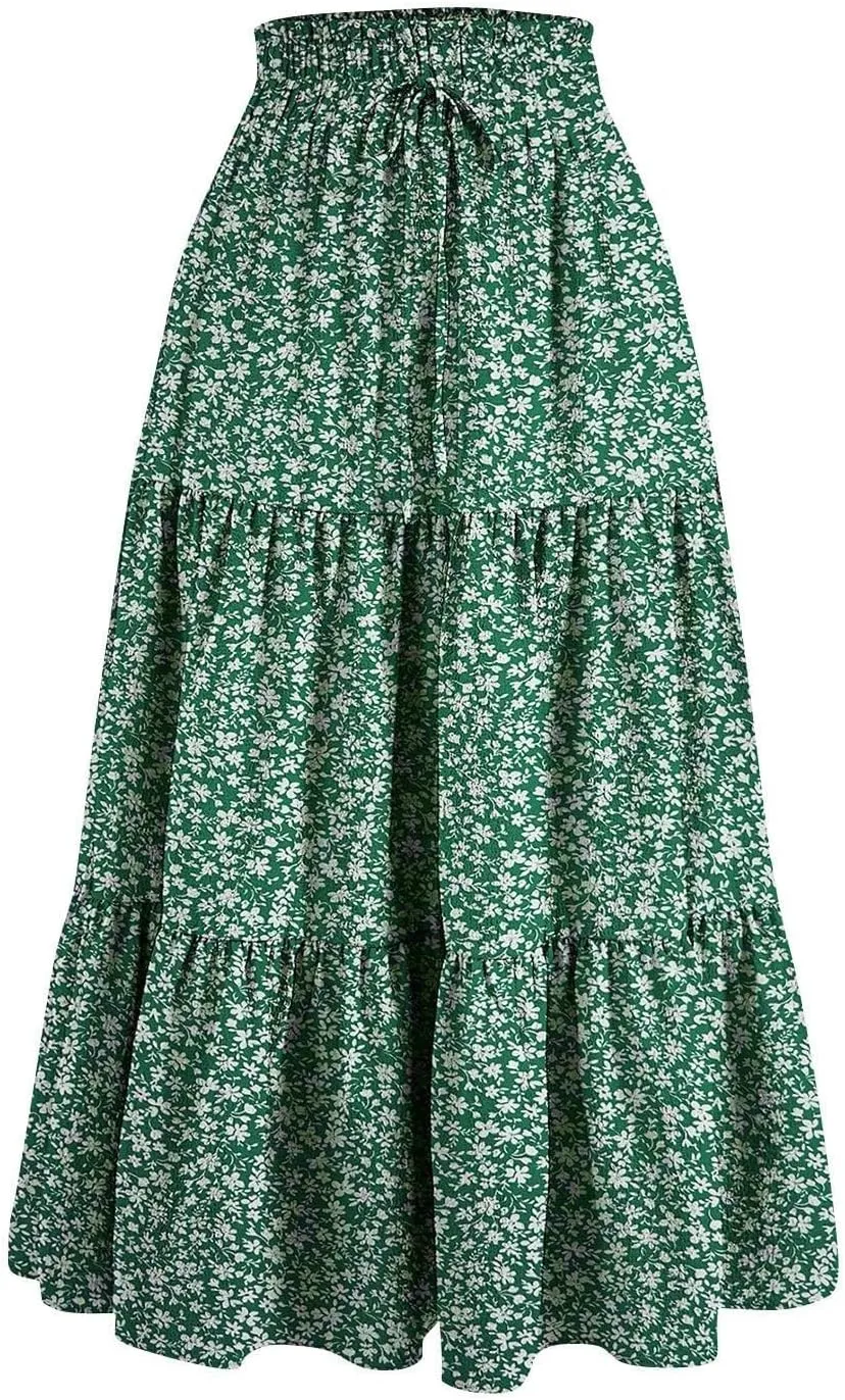 Womens Floral Maxi Skirts 2025 Summer Boho Ruffle Long Skirts for Women Women's A-Line Midi Skirt Flowy Dresses