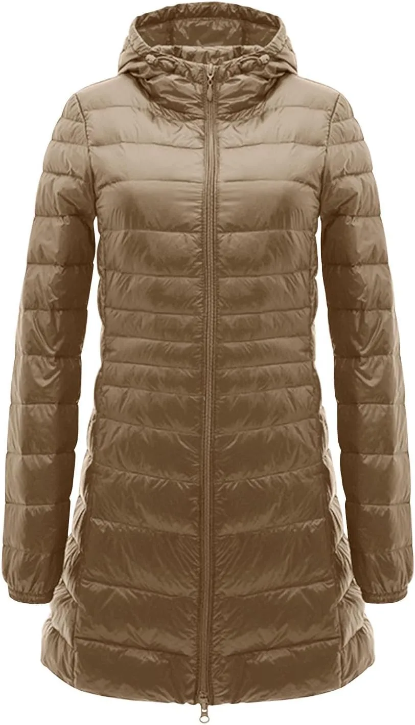 Women's Lightweight Mid Length Puffer Coat Insulated Packable Solid Hooded Zipper Down Jacket Warm Winter Coat