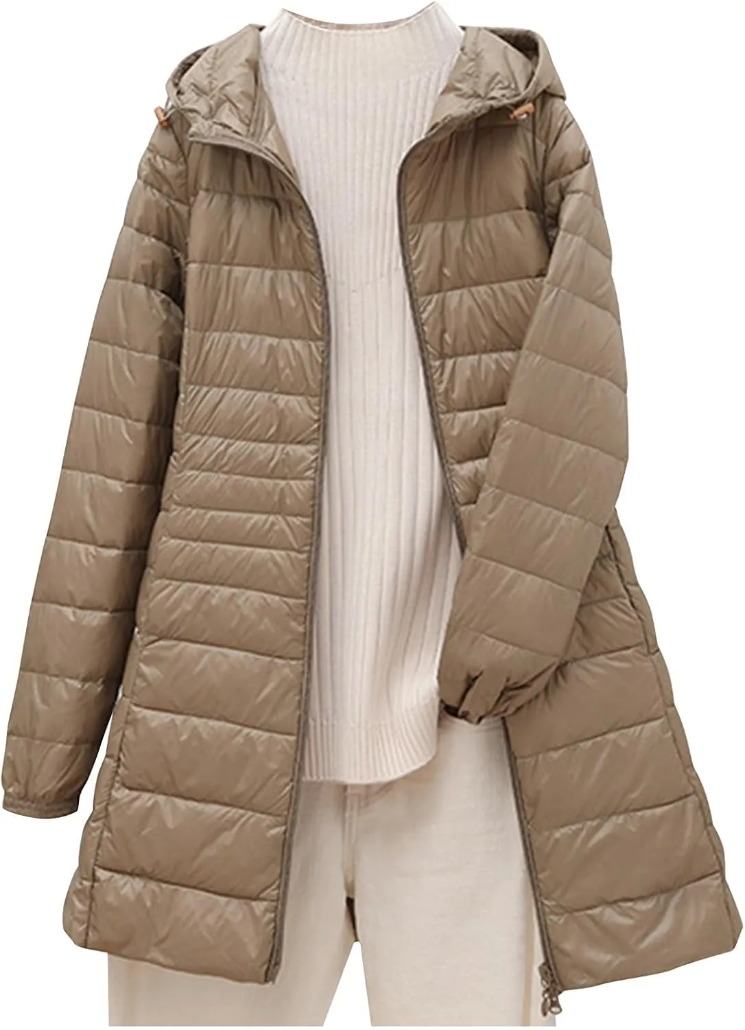 Women's Lightweight Mid Length Puffer Coat Insulated Packable Solid Hooded Zipper Down Jacket Warm Winter Coat