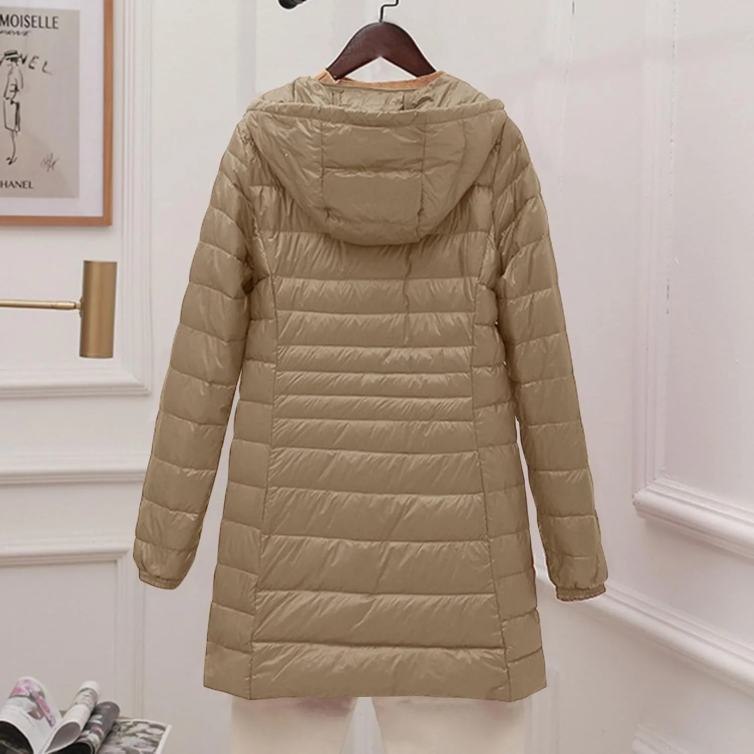 Women's Lightweight Mid Length Puffer Coat Insulated Packable Solid Hooded Zipper Down Jacket Warm Winter Coat
