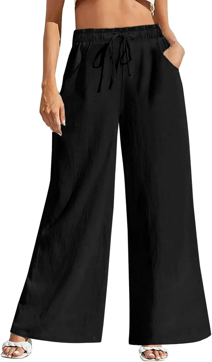 Womens Linen Pants Casual High Waisted Wide Leg Capri Pant Summer Baggy Drawstring Straight Trousers with Pockets