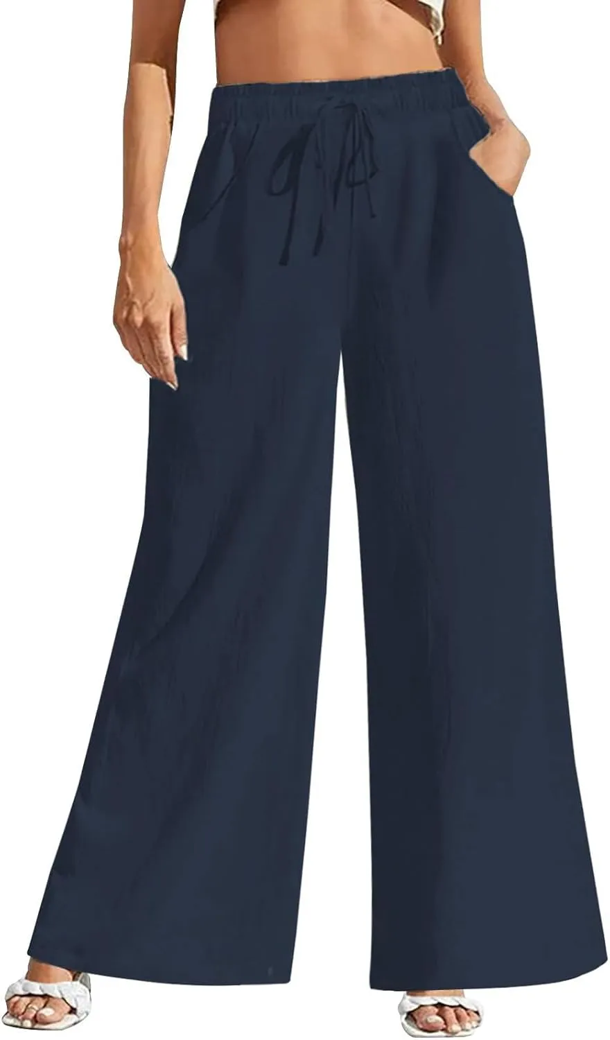 Womens Linen Pants Casual High Waisted Wide Leg Capri Pant Summer Baggy Drawstring Straight Trousers with Pockets