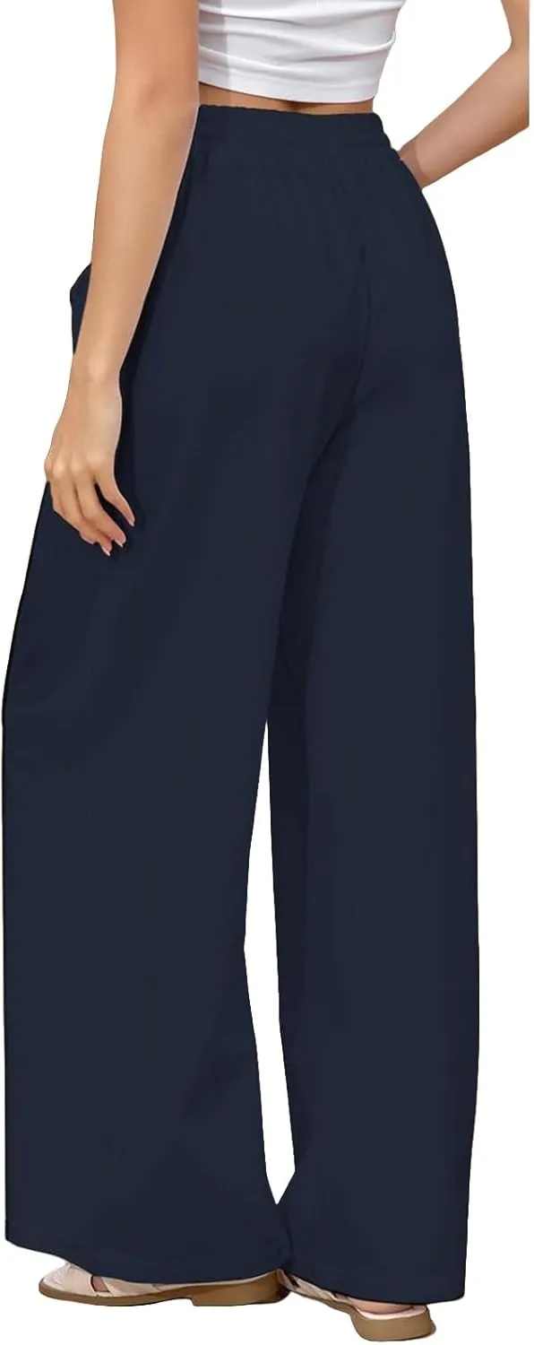 Womens Linen Pants Casual High Waisted Wide Leg Capri Pant Summer Baggy Drawstring Straight Trousers with Pockets