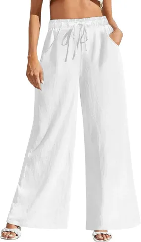 Womens Linen Pants Casual High Waisted Wide Leg Capri Pant Summer Baggy Drawstring Straight Trousers with Pockets
