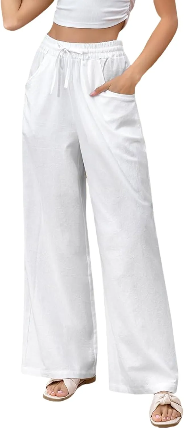 Womens Linen Pants Casual High Waisted Wide Leg Capri Pant Summer Baggy Drawstring Straight Trousers with Pockets