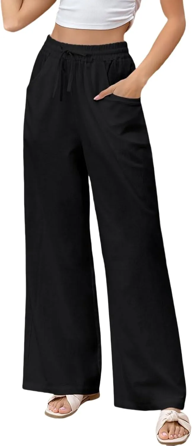 Womens Linen Pants Casual High Waisted Wide Leg Capri Pant Summer Baggy Drawstring Straight Trousers with Pockets