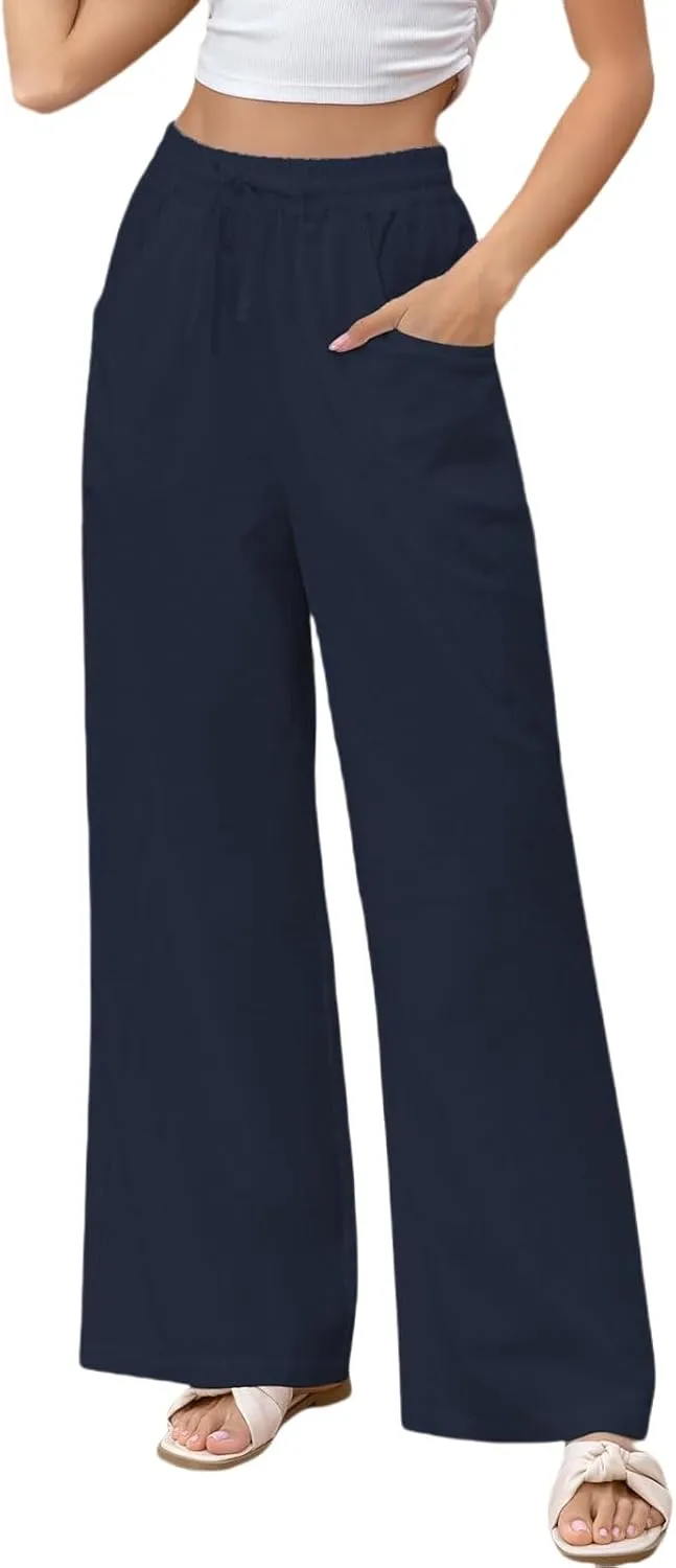Womens Linen Pants Casual High Waisted Wide Leg Capri Pant Summer Baggy Drawstring Straight Trousers with Pockets
