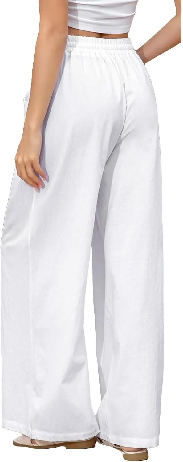 Womens Linen Pants Casual High Waisted Wide Leg Capri Pant Summer Baggy Drawstring Straight Trousers with Pockets