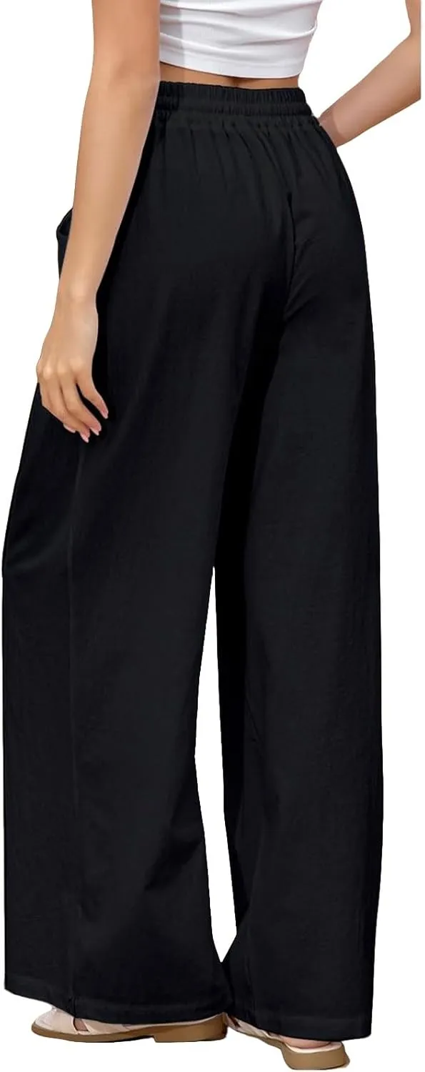 Womens Linen Pants Casual High Waisted Wide Leg Capri Pant Summer Baggy Drawstring Straight Trousers with Pockets