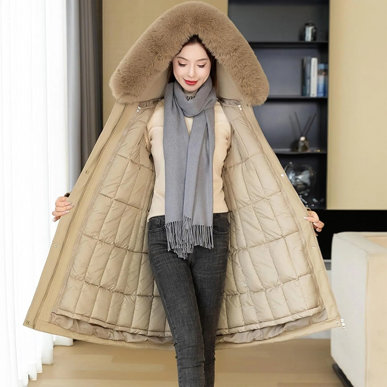 Women's Long Puffer Coat Parka Removable Down Liner Jacket Thicken Winter Faux Fur Warm Hooded Outwear with Pockets
