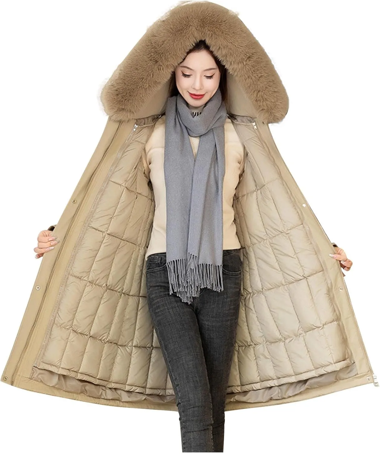 Women's Long Puffer Coat Parka Removable Down Liner Jacket Thicken Winter Faux Fur Warm Hooded Outwear with Pockets