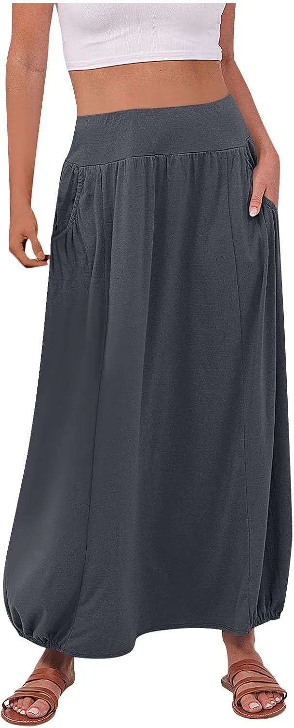 Women's Maxi Skirts 2025 Summer Elastic High Waist Ankle Length Skirt with Pockets Casual Trendy Flowy Beach Skirts