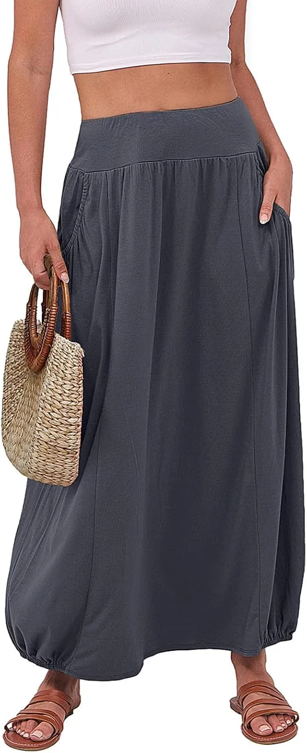 Women's Maxi Skirts 2025 Summer Elastic High Waist Ankle Length Skirt with Pockets Casual Trendy Flowy Beach Skirts