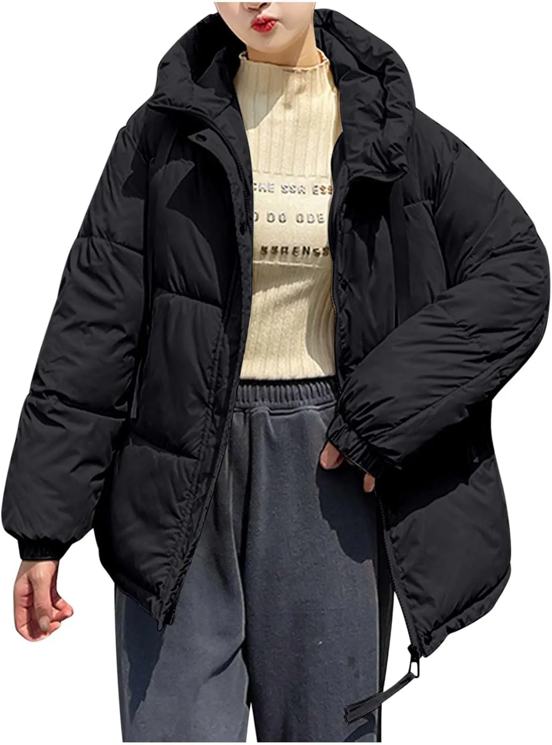Womens Oversized Thick Down Jacket Long Sleeve Solid Color Hooded Outerwear 2024 Winter Fashion Warm Puffer Coat