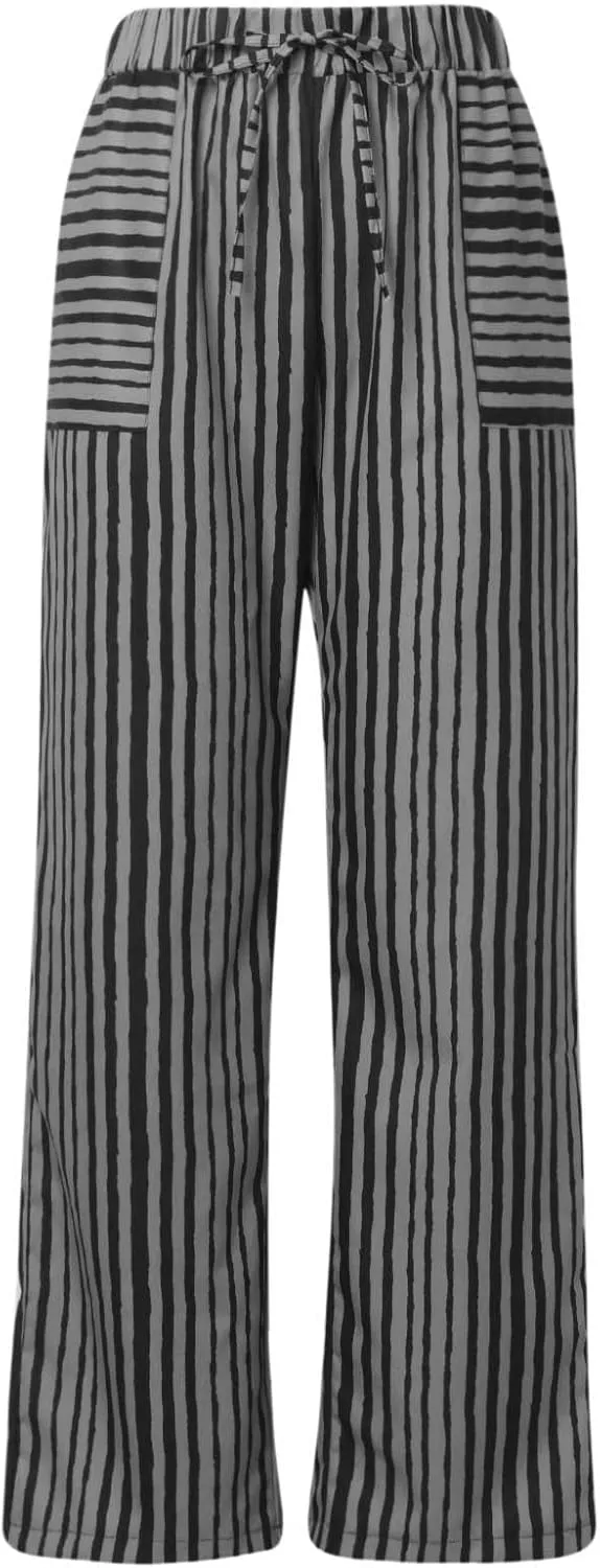 Women's Striped Wide Straight Leg Pants Palazzo High Waisted Drawstring Casual Long Trousers Baggy Loose Fit Bottoms