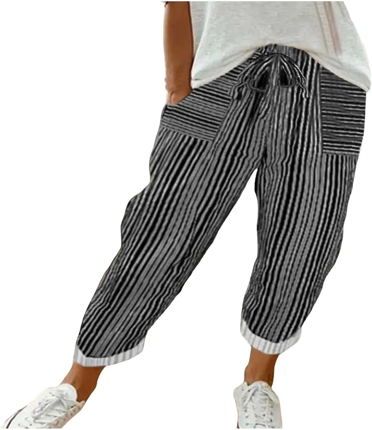 Women's Striped Wide Straight Leg Pants Palazzo High Waisted Drawstring Casual Long Trousers Baggy Loose Fit Bottoms