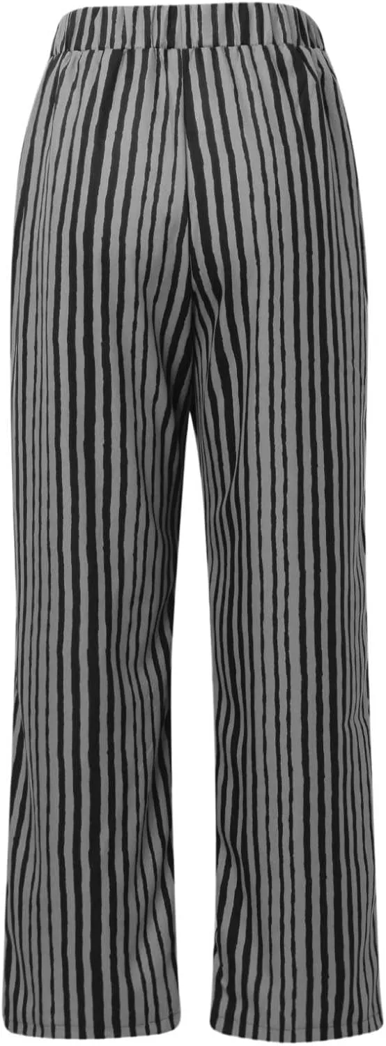 Women's Striped Wide Straight Leg Pants Palazzo High Waisted Drawstring Casual Long Trousers Baggy Loose Fit Bottoms
