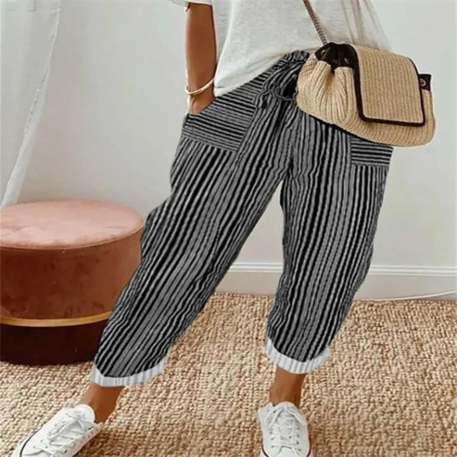 Women's Striped Wide Straight Leg Pants Palazzo High Waisted Drawstring Casual Long Trousers Baggy Loose Fit Bottoms