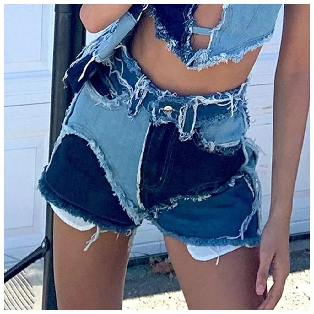 YASU: Patchwork Jeans Shorts, 4 Farben, bis 2XL